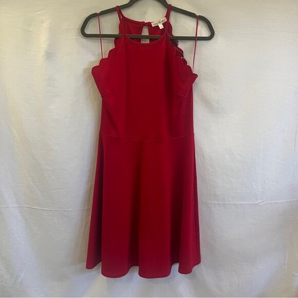 Nine Britton Red Scalloped Mini Dress Medium Niya Flared Sleeveless Halter NWT - Picture 1 of 9